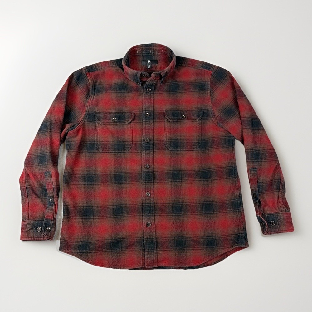 Banana Republic Flannel Shirt Mens L Red Black Plaid Button Down Cotton